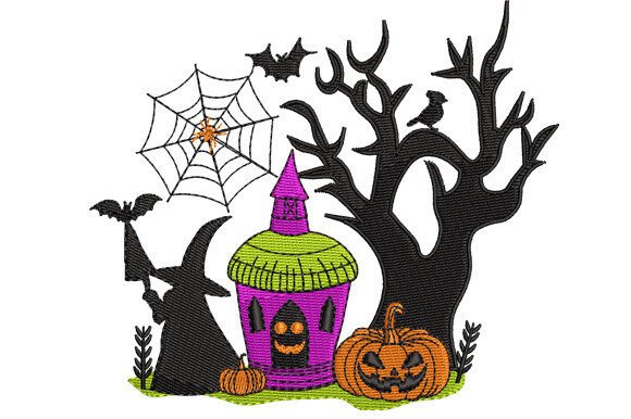 Halloween Hut, Witch, Pumpkin and Tree